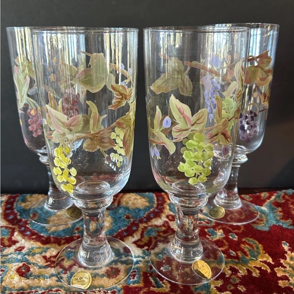 4 Vintage Block Crystal Painted Drink Glasses Footed Iced Water/Tea 9" NOS - Picture 2 of 11